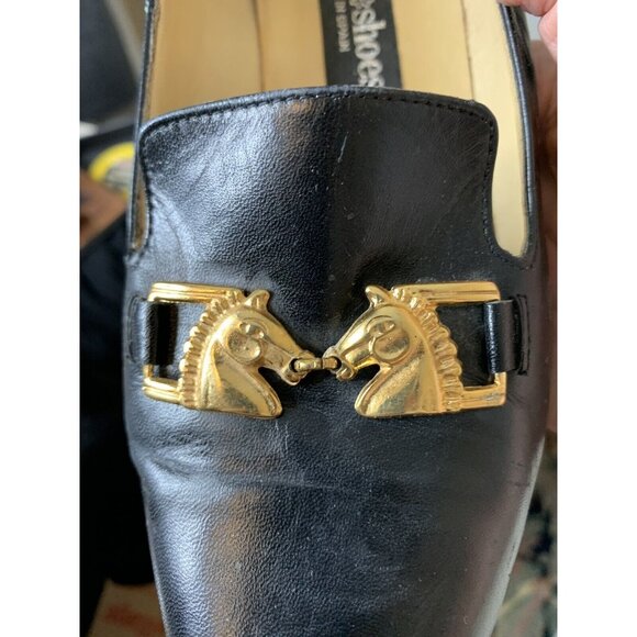 Black Slip On Leather Flats Loafer Shoes Horse Accents Spain Womens Sz 9 - Picture 9 of 10